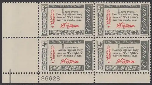 USA Michel 0768 / Scott 1141 postfrisch PLATEBLOCK ECKRAND unten links m/Platten-# 26628 (a) - Amerikanisches Credo mit Aussprüchen berühmter Amerikaner (Thomas Jefferson)