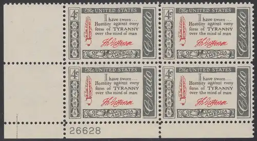 USA Michel 0768 / Scott 1141 postfrisch PLATEBLOCK ECKRAND unten links m/Platten-# 26628 (b) - Amerikanisches Credo mit Aussprüchen berühmter Amerikaner (Thomas Jefferson)