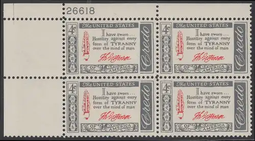USA Michel 0768 / Scott 1141 postfrisch PLATEBLOCK ECKRAND oben links m/Platten-# 26618 (a) - Amerikanisches Credo mit Aussprüchen berühmter Amerikaner (Thomas Jefferson)