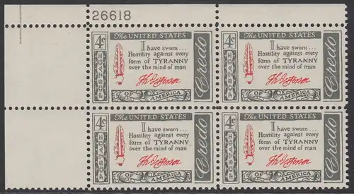 USA Michel 0768 / Scott 1141 postfrisch PLATEBLOCK ECKRAND oben links m/Platten-# 26618 (b) - Amerikanisches Credo mit Aussprüchen berühmter Amerikaner (Thomas Jefferson)