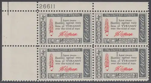 USA Michel 0768 / Scott 1141 postfrisch PLATEBLOCK ECKRAND oben links m/Platten-# 26611 (b) - Amerikanisches Credo mit Aussprüchen berühmter Amerikaner (Thomas Jefferson)