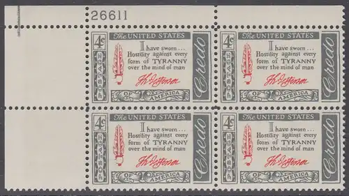 USA Michel 0768 / Scott 1141 postfrisch PLATEBLOCK ECKRAND oben links m/Platten-# 26611 (c) - Amerikanisches Credo mit Aussprüchen berühmter Amerikaner (Thomas Jefferson)