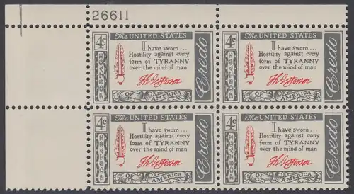 USA Michel 0768 / Scott 1141 postfrisch PLATEBLOCK ECKRAND oben links m/Platten-# 26611 (d) - Amerikanisches Credo mit Aussprüchen berühmter Amerikaner (Thomas Jefferson)