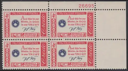 USA Michel 0769 / Scott 1142 postfrisch PLATEBLOCK ECKRAND oben rechts m/Platten-# 26695 - Amerikanisches Credo mit Aussprüchen berühmter Amerikaner (Francis Scott Key)