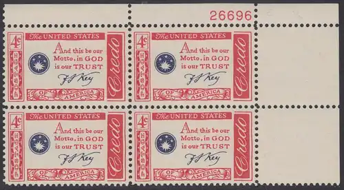 USA Michel 0769 / Scott 1142 postfrisch PLATEBLOCK ECKRAND oben rechts m/Platten-# 26696 - Amerikanisches Credo mit Aussprüchen berühmter Amerikaner (Francis Scott Key)