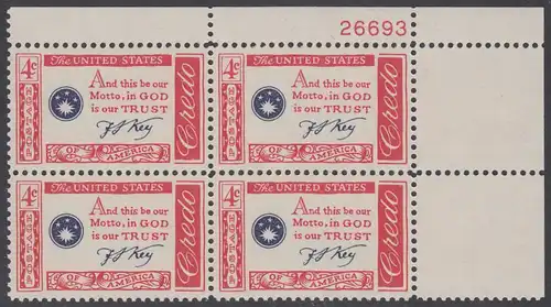 USA Michel 0769 / Scott 1142 postfrisch PLATEBLOCK ECKRAND oben rechts m/Platten-# 26693 (a) - Amerikanisches Credo mit Aussprüchen berühmter Amerikaner (Francis Scott Key)