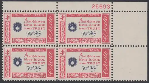 USA Michel 0769 / Scott 1142 postfrisch PLATEBLOCK ECKRAND oben rechts m/Platten-# 26693 (b) - Amerikanisches Credo mit Aussprüchen berühmter Amerikaner (Francis Scott Key)