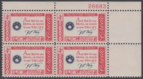 USA Michel 0769 / Scott 1142 postfrisch PLATEBLOCK ECKRAND oben rechts m/Platten-# 26683 (a) - Amerikanisches Credo mit Aussprüchen berühmter Amerikaner (Francis Scott Key)