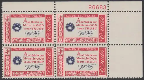 USA Michel 0769 / Scott 1142 postfrisch PLATEBLOCK ECKRAND oben rechts m/Platten-# 26683 (b) - Amerikanisches Credo mit Aussprüchen berühmter Amerikaner (Francis Scott Key)