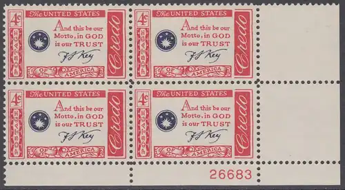 USA Michel 0769 / Scott 1142 postfrisch PLATEBLOCK ECKRAND unten rechts m/Platten-# 26683 - Amerikanisches Credo mit Aussprüchen berühmter Amerikaner (Francis Scott Key)