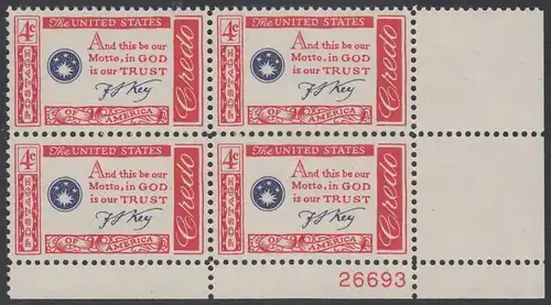 USA Michel 0769 / Scott 1142 postfrisch PLATEBLOCK ECKRAND unten rechts m/Platten-# 26693 (b) - Amerikanisches Credo mit Aussprüchen berühmter Amerikaner (Francis Scott Key)