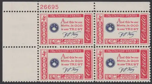USA Michel 0769 / Scott 1142 postfrisch PLATEBLOCK ECKRAND oben links m/Platten-# 26695 - Amerikanisches Credo mit Aussprüchen berühmter Amerikaner (Francis Scott Key)