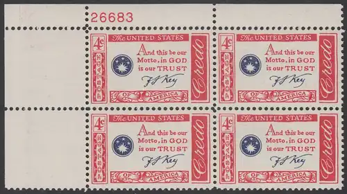 USA Michel 0769 / Scott 1142 postfrisch PLATEBLOCK ECKRAND oben links m/Platten-# 26683 (a) - Amerikanisches Credo mit Aussprüchen berühmter Amerikaner (Francis Scott Key)