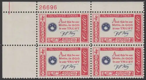 USA Michel 0769 / Scott 1142 postfrisch PLATEBLOCK ECKRAND oben links m/Platten-# 26696 (a) - Amerikanisches Credo mit Aussprüchen berühmter Amerikaner (Francis Scott Key)