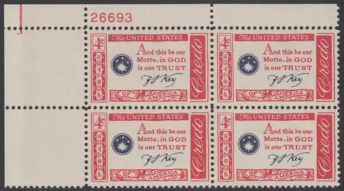 USA Michel 0769 / Scott 1142 postfrisch PLATEBLOCK ECKRAND oben links m/Platten-# 26693 - Amerikanisches Credo mit Aussprüchen berühmter Amerikaner (Francis Scott Key)