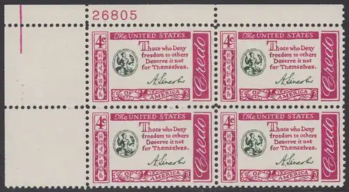 USA Michel 0770 / Scott 1143 postfrisch PLATEBLOCK ECKRAND oben links m/Platten-# 26805 - Amerikanisches Credo mit Aussprüchen berühmter Amerikaner (Abraham Lincoln)