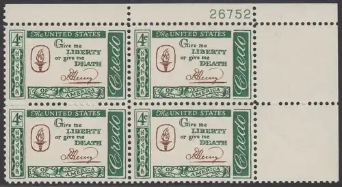 USA Michel 0771 / Scott 1144 postfrisch PLATEBLOCK ECKRAND oben rechts m/Platten-# 26752 - Amerikanisches Credo mit Aussprüchen berühmter Amerikaner (Patrick Henry)