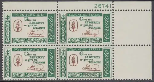 USA Michel 0771 / Scott 1144 postfrisch PLATEBLOCK ECKRAND oben rechts m/Platten-# 26741 (b) - Amerikanisches Credo mit Aussprüchen berühmter Amerikaner (Patrick Henry)