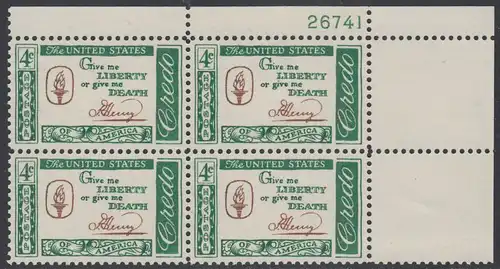 USA Michel 0771 / Scott 1144 postfrisch PLATEBLOCK ECKRAND oben rechts m/Platten-# 26741 (c) - Amerikanisches Credo mit Aussprüchen berühmter Amerikaner (Patrick Henry)