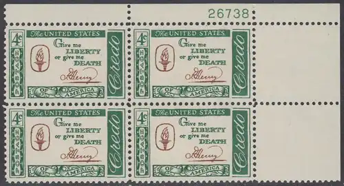 USA Michel 0771 / Scott 1144 postfrisch PLATEBLOCK ECKRAND oben rechts m/Platten-# 26738 (b) - Amerikanisches Credo mit Aussprüchen berühmter Amerikaner (Patrick Henry)