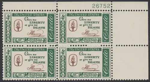 USA Michel 0771 / Scott 1144 postfrisch PLATEBLOCK ECKRAND oben rechts m/Platten-# 26752 (b) - Amerikanisches Credo mit Aussprüchen berühmter Amerikaner (Patrick Henry)