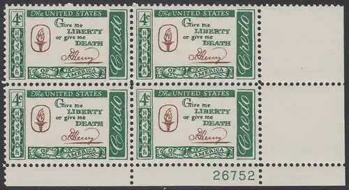 USA Michel 0771 / Scott 1144 postfrisch PLATEBLOCK ECKRAND unten rechts m/Platten-# 26752 - Amerikanisches Credo mit Aussprüchen berühmter Amerikaner (Patrick Henry)