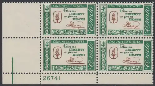 USA Michel 0771 / Scott 1144 postfrisch PLATEBLOCK ECKRAND unten links m/Platten-# 26741 (b) - Amerikanisches Credo mit Aussprüchen berühmter Amerikaner (Patrick Henry)