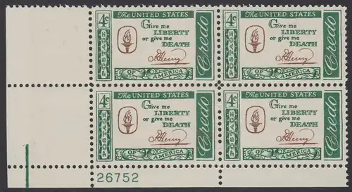 USA Michel 0771 / Scott 1144 postfrisch PLATEBLOCK ECKRAND unten links m/Platten-# 26752 (a) - Amerikanisches Credo mit Aussprüchen berühmter Amerikaner (Patrick Henry)