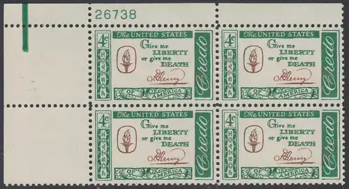 USA Michel 0771 / Scott 1144 postfrisch PLATEBLOCK ECKRAND oben links m/Platten-# 26738 - Amerikanisches Credo mit Aussprüchen berühmter Amerikaner (Patrick Henry)