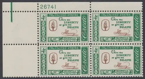 USA Michel 0771 / Scott 1144 postfrisch PLATEBLOCK ECKRAND oben links m/Platten-# 26741 (a) - Amerikanisches Credo mit Aussprüchen berühmter Amerikaner (Patrick Henry)