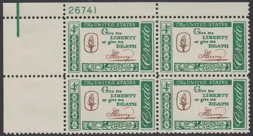 USA Michel 0771 / Scott 1144 postfrisch PLATEBLOCK ECKRAND oben links m/Platten-# 26741 (b) - Amerikanisches Credo mit Aussprüchen berühmter Amerikaner (Patrick Henry)