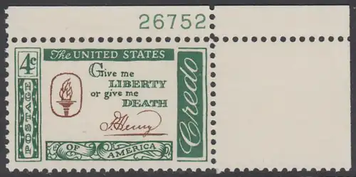 USA Michel 0771 / Scott 1144 postfrisch EINZELMARKE ECKRAND oben rechts m/Platten-# 26752 - Amerikanisches Credo mit Aussprüchen berühmter Amerikaner (Patrick Henry)