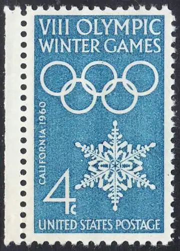 USA Michel 0773 / Scott 1146 postfrisch EINZELMARKE RAND links (a1) - Olympische Winterspiele, Squaw Valley, CA; Olympische Ringe, Schneekristall
