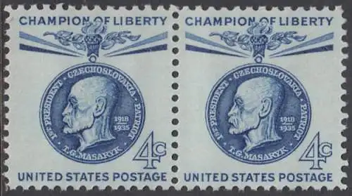 USA Michel 0774 / Scott 1147 postfrisch horiz.PAAR (a1) - Freiheitskämpfer: 110. Geburtstag von Tomás G. Masaryk, 1. Präsident der Tschechoslowakei