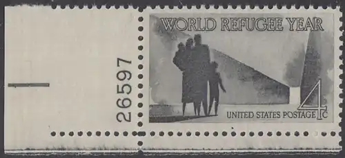 USA Michel 0776 / Scott 1149 postfrisch EINZELMARKE ECKRAND unten links m/Platten-# 26597 - Weltflüchtlingsjahr 1959/1960: Familie, aus dem Dunkel ins Licht schreitend