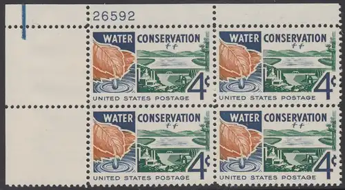 USA Michel 0777 / Scott 1150 postfrisch PLATEBLOCK ECKRAND oben links m/Platten-# 26592 (b)  - Wasserschutzkongress, Washington: „Kreislauf des Wassers“