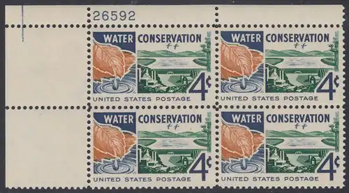 USA Michel 0777 / Scott 1150 postfrisch PLATEBLOCK ECKRAND oben links m/Platten-# 26592 (c)  - Wasserschutzkongress, Washington: „Kreislauf des Wassers“