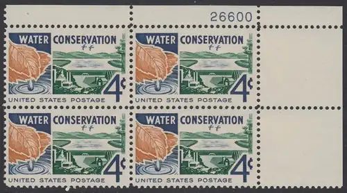 USA Michel 0777 / Scott 1150 postfrisch PLATEBLOCK ECKRAND oben rechts m/Platten-# 26600  - Wasserschutzkongress, Washington: „Kreislauf des Wassers“
