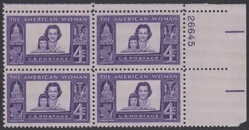 USA Michel 0780 / Scott 1152 postfrisch PLATEBLOCK ECKRAND oben rechts m/Platten-# 26645 - Verdienste der amerikanischen Frau: Mutter mit Tochter