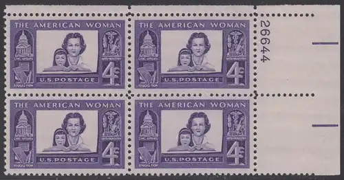 USA Michel 0780 / Scott 1152 postfrisch PLATEBLOCK ECKRAND oben rechts m/Platten-# 26644 - Verdienste der amerikanischen Frau: Mutter mit Tochter