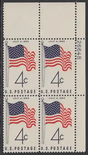 USA Michel 0783 / Scott 1153 postfrisch PLATEBLOCK ECKRAND oben rechts m/Platten-# 26648 - Amerikanische Flagge von 1960 (50 Sterne für 50 Staaten)