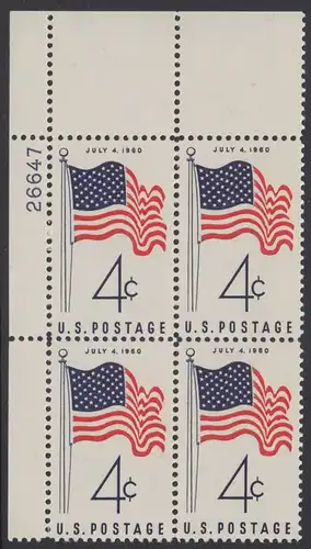 USA Michel 0783 / Scott 1153 postfrisch PLATEBLOCK ECKRAND oben links m/Platten-# 26647 - Amerikanische Flagge von 1960 (50 Sterne für 50 Staaten)