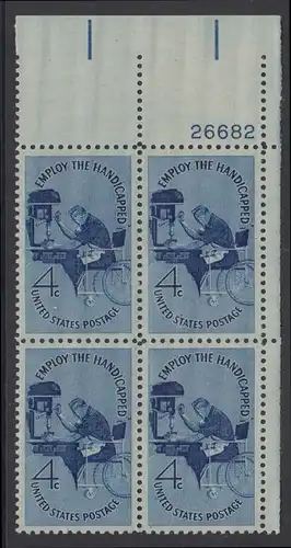 USA Michel 0785 / Scott 1155 postfrisch PLATEBLOCK ECKRAND oben rechts m/Platten-# 26682 - Beschäftigung für Körperbehinderte, Weltkongress der internationalen Vereinigung „Hilfe für Körperbehinderte“ in New York: Körperbehinderter im...