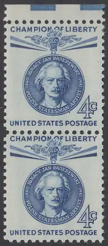 USA Michel 0789 / Scott 1159 postfrisch vert.PAAR RAND oben - Freiheitskämpfer: Ignacy Jan Paderewski: poln. Politiker, Pianist und Komponist 