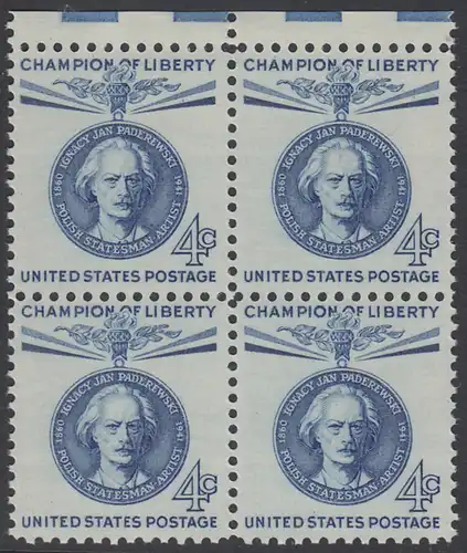 USA Michel 0789 / Scott 1159 postfrisch BLOCK RAND oben - Freiheitskämpfer: Ignacy Jan Paderewski: poln. Politiker, Pianist und Komponist 