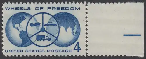USA Michel 0792 / Scott 1162 postfrisch EINZELMARKE RAND rechts - „Räder der Freiheit“, Nationale Automobilausstellung in Detroit; Erdhalbkugeln, Lenkrad mit Traktor, Personen- und Lastkraftwagen