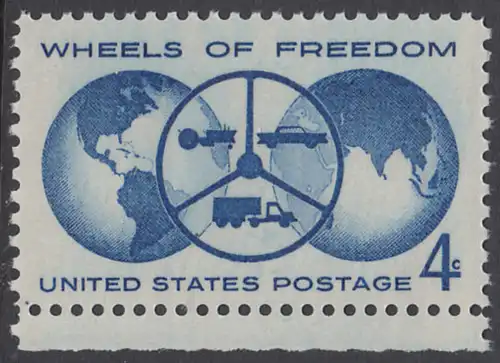 USA Michel 0792 / Scott 1162 postfrisch EINZELMARKE RAND unten - „Räder der Freiheit“, Nationale Automobilausstellung in Detroit; Erdhalbkugeln, Lenkrad mit Traktor, Personen- und Lastkraftwagen
