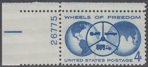 USA Michel 0792 / Scott 1162 postfrisch EINZELMARKE ECKRAND oben links m/Platten-# 26775 - „Räder der Freiheit“, Nationale Automobilausstellung in Detroit; Erdhalbkugeln, Lenkrad mit Traktor, Personen- und Lastkraftwagen