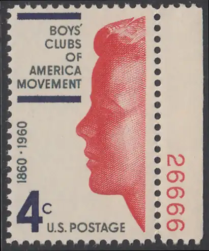 USA Michel 0793 / Scott 1163 postfrisch EINZELMARKE RAND rechts m/Platten-# 26666 - 100 Jahre Betreuungseinrichtungen für Jungen