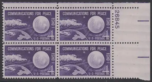 USA Michel 0803 / Scott 1173 postfrisch PLATEBLOCK ECKRAND oben rechts m/Platten-# 26845 (a) - Echo I - Nachrichtenverbindungen für den Frieden